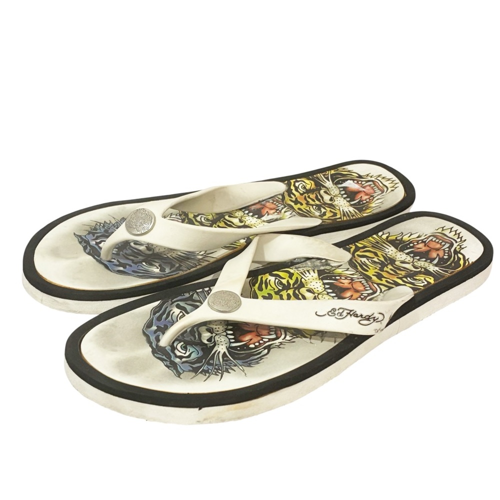 Ed Hardy Tiger Head Black Yellow‎ White Flip Flop Sandals Mens Size 11